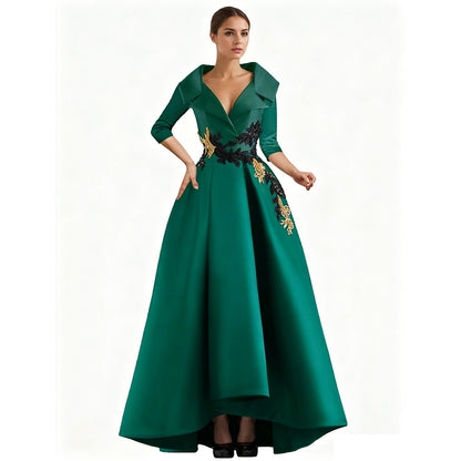 Elegant Satin Evening Gown | V-Neck 3/4 Sleeve Formal Gown with Gold Appliqu