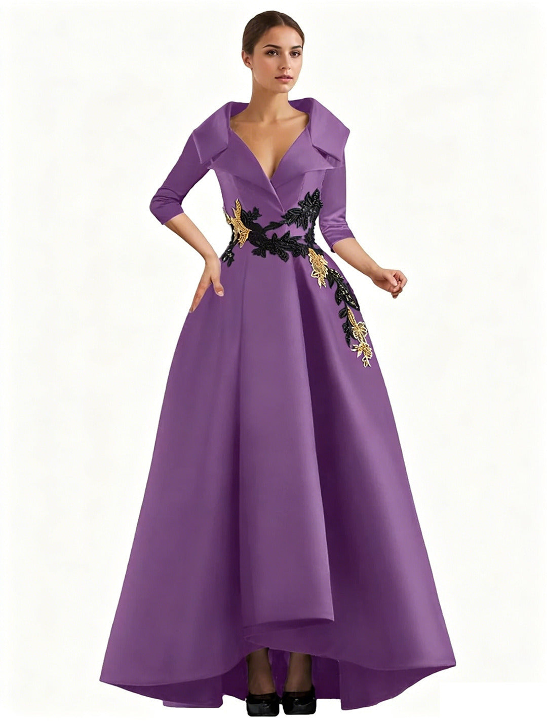 Elegant Satin Evening Gown | V-Neck 3/4 Sleeve Formal Gown with Gold Appliqu