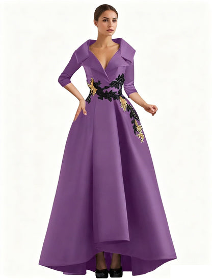Elegant Satin Evening Gown | V-Neck 3/4 Sleeve Formal Gown with Gold Appliqu