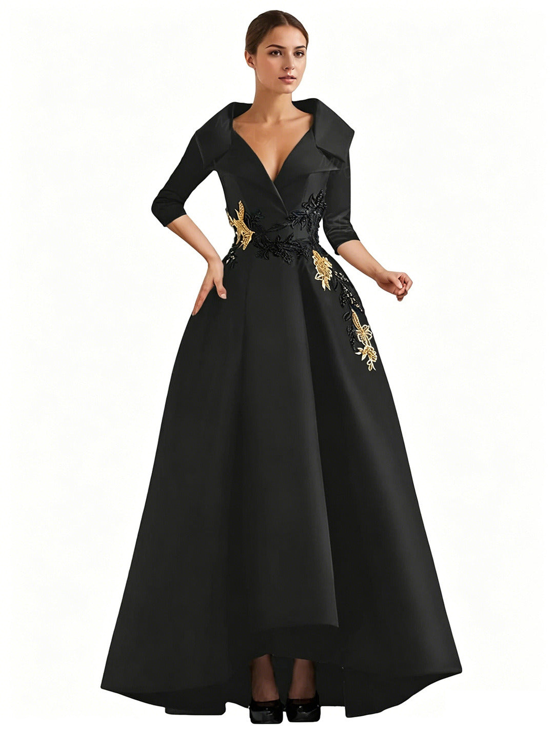 Elegant Satin Evening Gown | V-Neck 3/4 Sleeve Formal Gown with Gold Appliqu