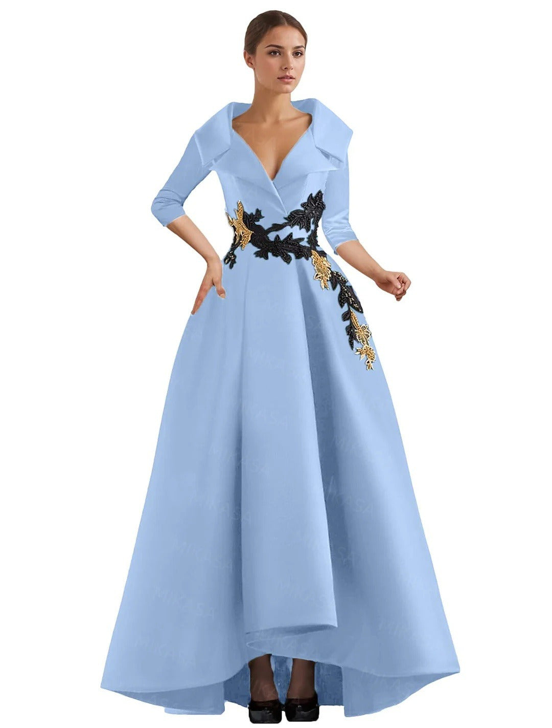 Elegant Satin Evening Gown | V-Neck 3/4 Sleeve Formal Gown with Gold Appliqu