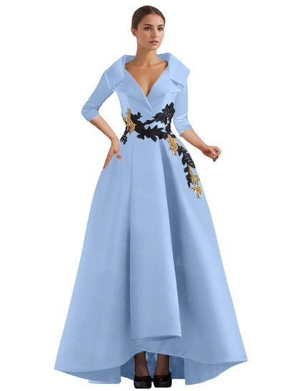 Elegant Satin Evening Gown | V-Neck 3/4 Sleeve Formal Gown with Gold Appliqu