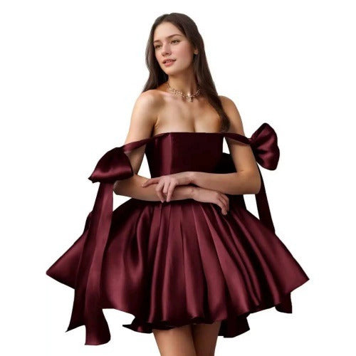 Elegant Satin Mini Dress – Off-Shoulder with Bows & Flared Skirt – Perfect for Parties, Proms, Weddings & Special Occasions