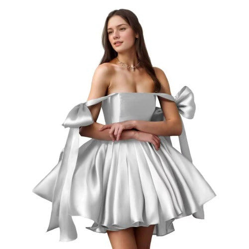 Elegant Satin Mini Dress – Off-Shoulder with Bows & Flared Skirt – Perfect for Parties, Proms, Weddings & Special Occasions