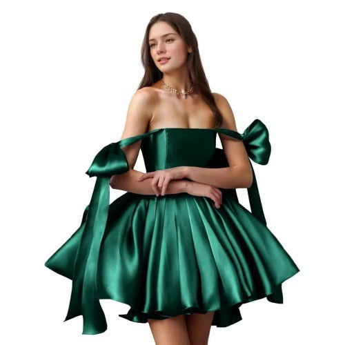 Elegant Satin Mini Dress – Off-Shoulder with Bows & Flared Skirt – Perfect for Parties, Proms, Weddings & Special Occasions
