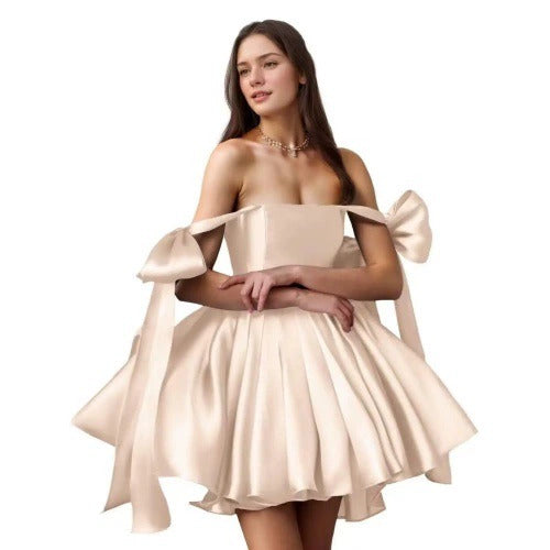 Elegant Satin Mini Dress – Off-Shoulder with Bows & Flared Skirt – Perfect for Parties, Proms, Weddings & Special Occasions