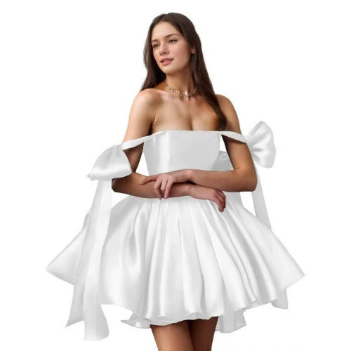 Elegant Satin Mini Dress – Off-Shoulder with Bows & Flared Skirt – Perfect for Parties, Proms, Weddings & Special Occasions