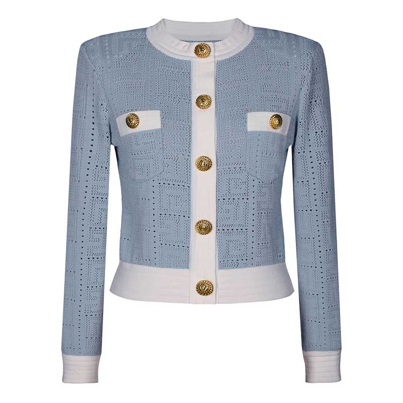 Elegant Two-Tone Crew-Neck Knit Crop Top Cardigan