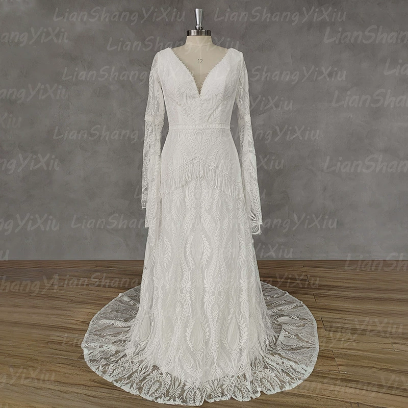 Elegant V-Neck Long-Sleeve Lace Wedding Dress Timeless Bridal Gown for Formal