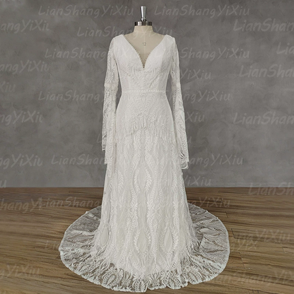 Elegant V-Neck Long-Sleeve Lace Wedding Dress Timeless Bridal Gown for Formal