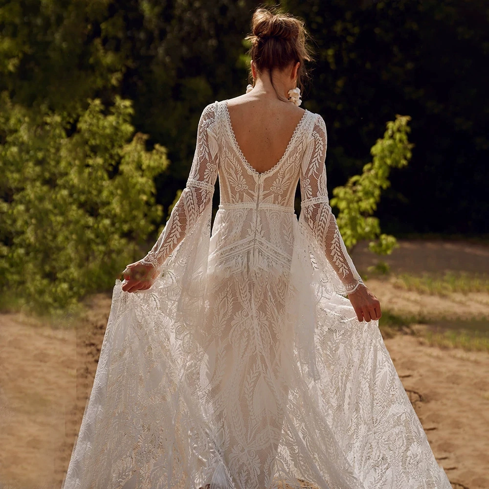 Elegant V-Neck Long-Sleeve Lace Wedding Dress Timeless Bridal Gown for Formal