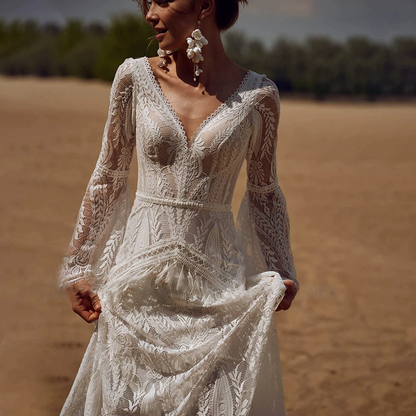 Elegant V-Neck Long-Sleeve Lace Wedding Dress Timeless Bridal Gown for Formal