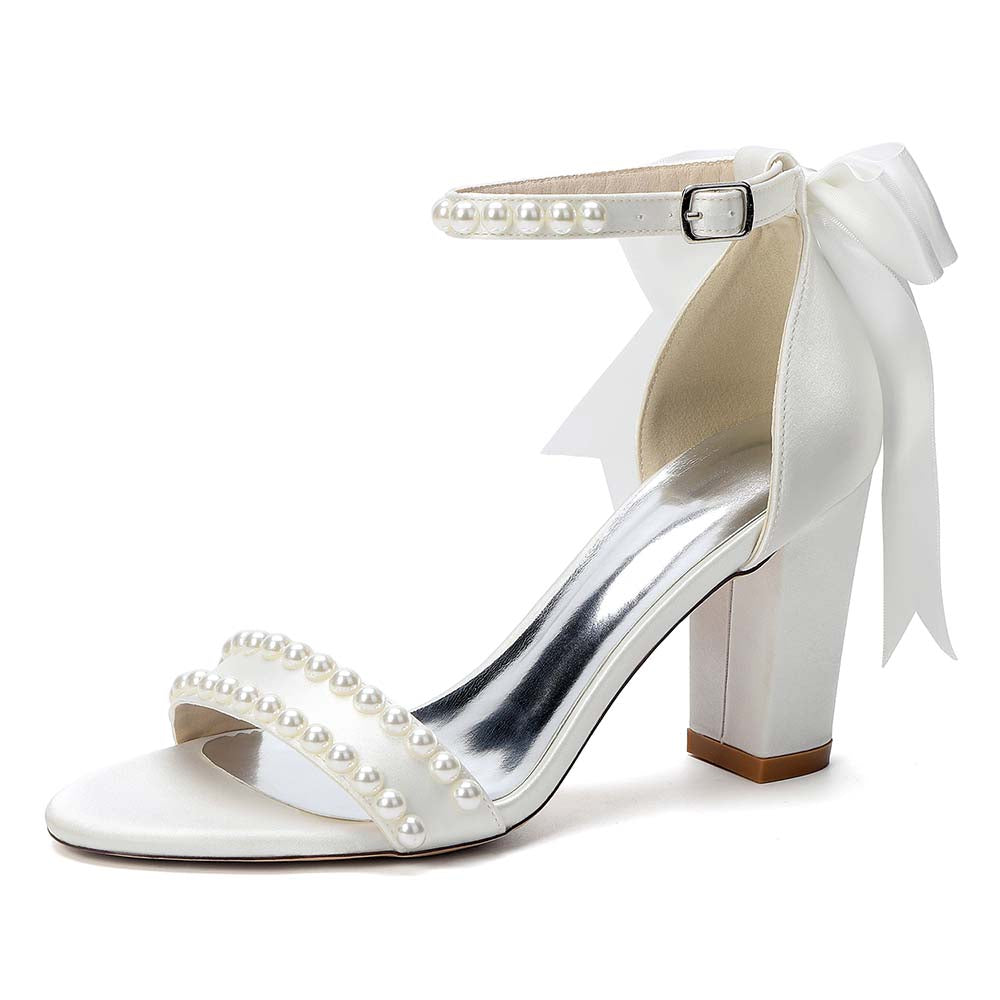 Women's White Pearl Embellished Peep Toe Chunky Heel Sandals
