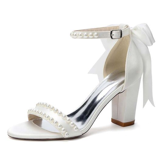 Women's White Pearl Embellished Peep Toe Chunky Heel Sandals
