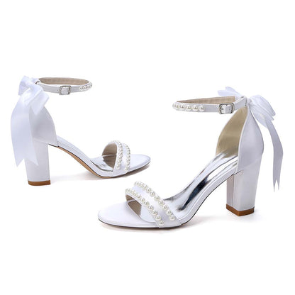 Women's White Pearl Embellished Peep Toe Chunky Heel Sandals