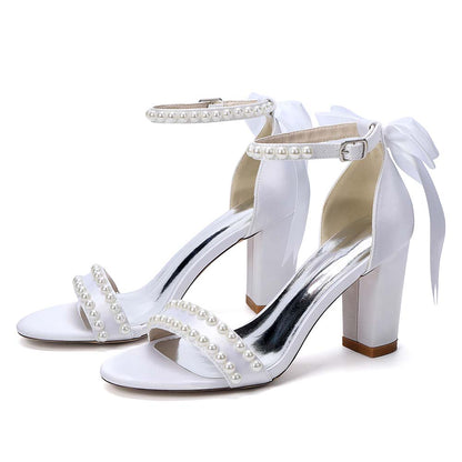 Women's White Pearl Embellished Peep Toe Chunky Heel Sandals