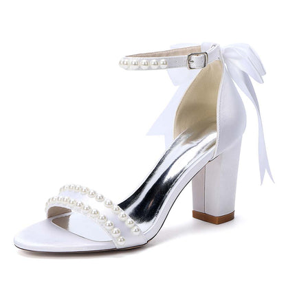 Women's White Pearl Embellished Peep Toe Chunky Heel Sandals