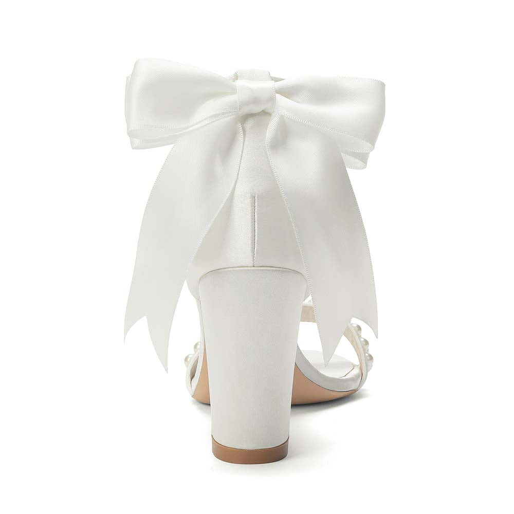 Women's White Pearl Embellished Peep Toe Chunky Heel Sandals
