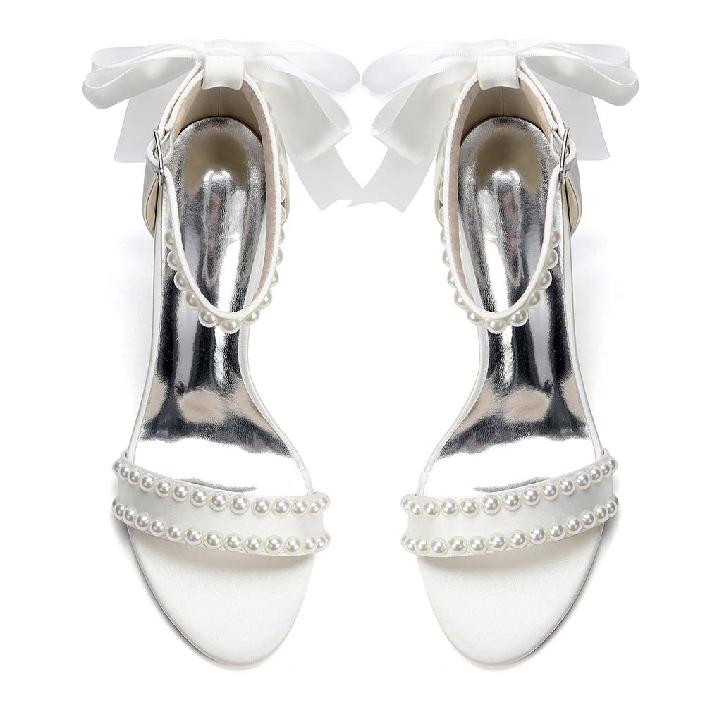Women's White Pearl Embellished Peep Toe Chunky Heel Sandals