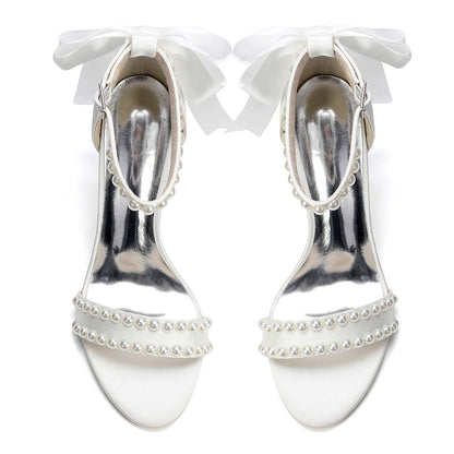 Women's White Pearl Embellished Peep Toe Chunky Heel Sandals