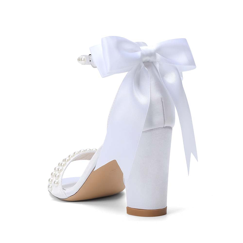 Women's White Pearl Embellished Peep Toe Chunky Heel Sandals