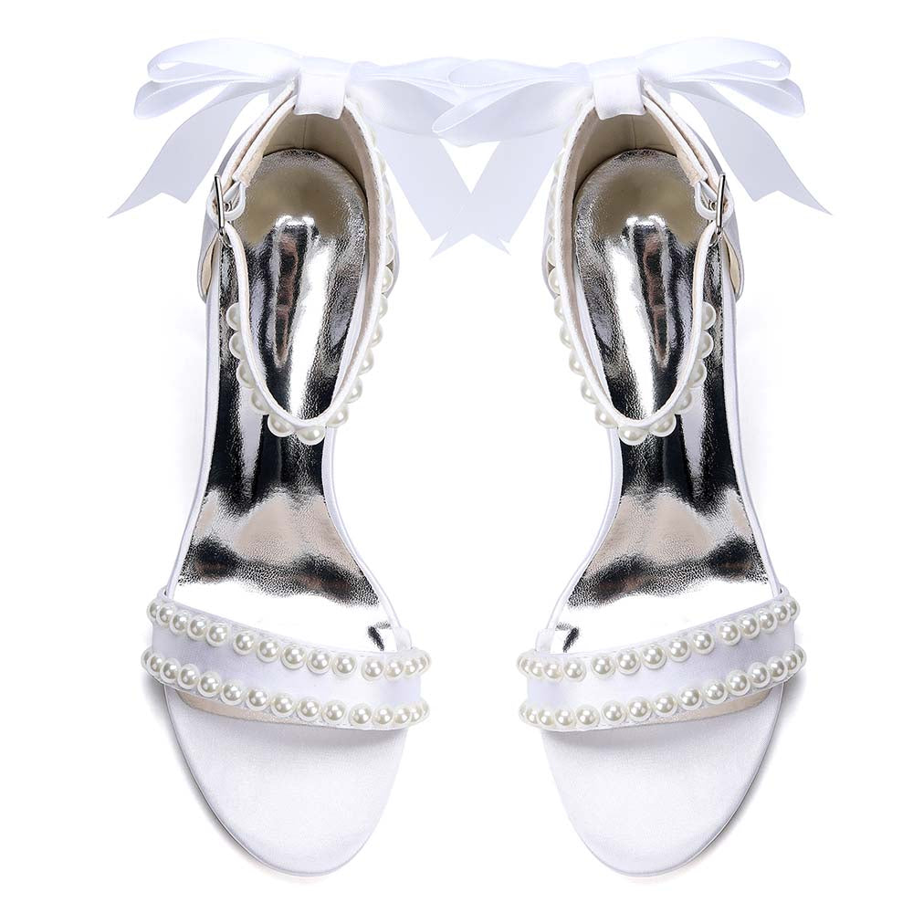 Women's White Pearl Embellished Peep Toe Chunky Heel Sandals