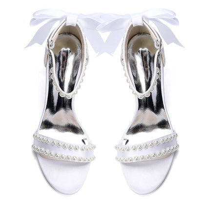 Women's White Pearl Embellished Peep Toe Chunky Heel Sandals
