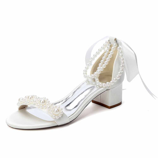 Elegant Women's Pearl Block Heel Sandals - Perfect for Wedding, Bridal & Formal Events