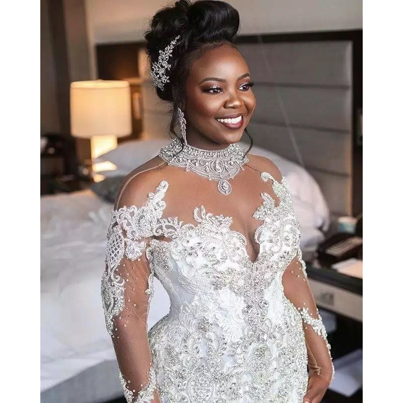Illusion Neck Lace Mermaid Wedding Gown – Long Sleeves, Beaded Bridal Dress with Train