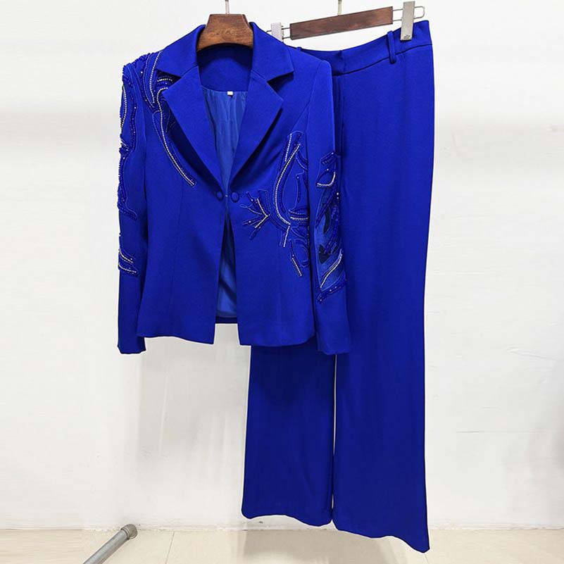 Elegant blue beaded pantsuit for evening wear