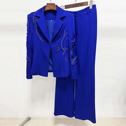 Elegant blue beaded pantsuit for evening wear