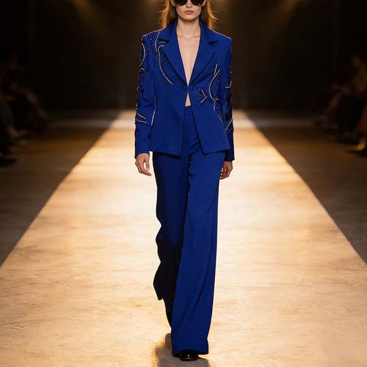 Elegant blue beaded pantsuit for evening wear