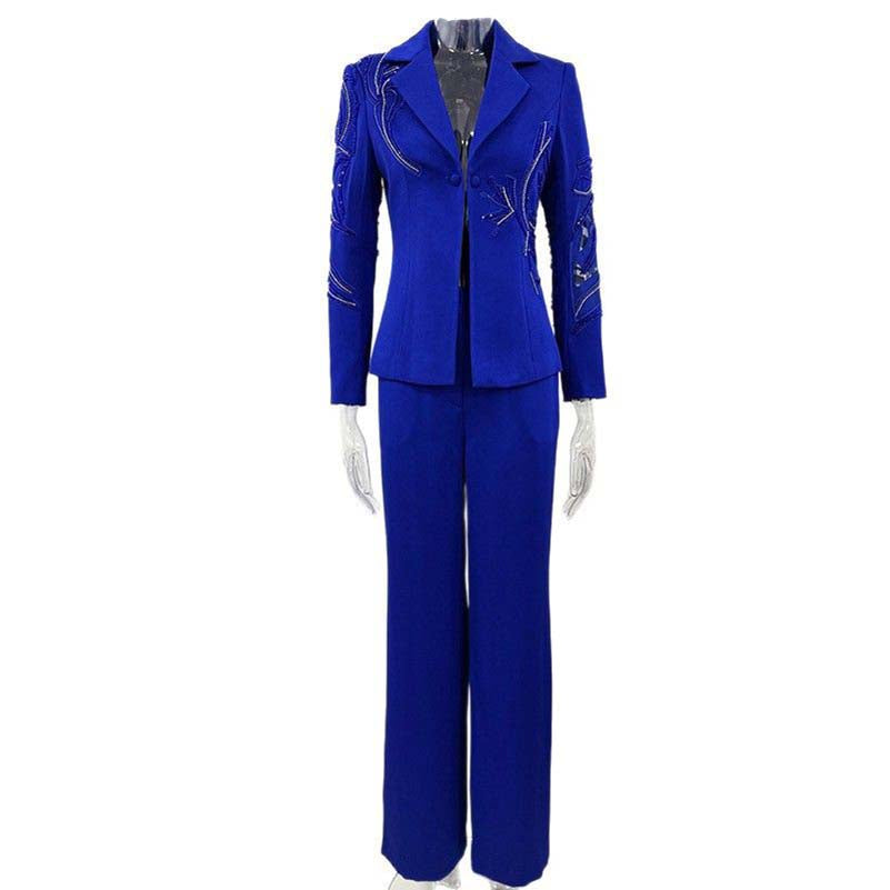 Elegant blue beaded pantsuit for evening wear