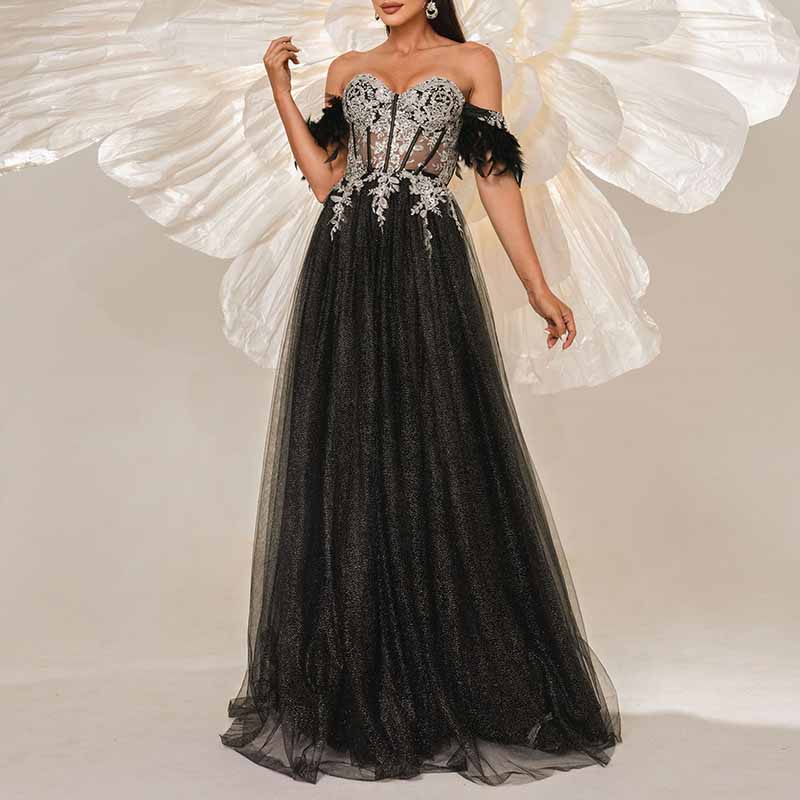 Embroidered Off Shoulder A-line Tulle Gown Long Prom Dress