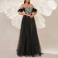 Embroidered Off Shoulder A-line Tulle Gown Long Prom Dress