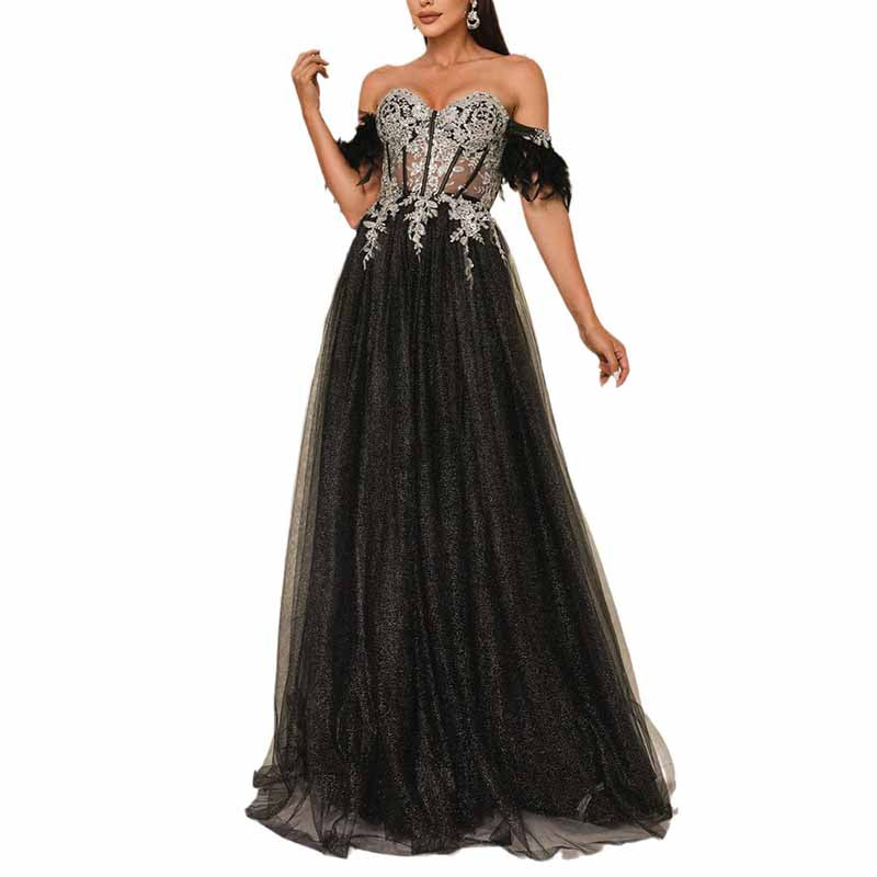 Embroidered Off Shoulder A-line Tulle Gown Long Prom Dress