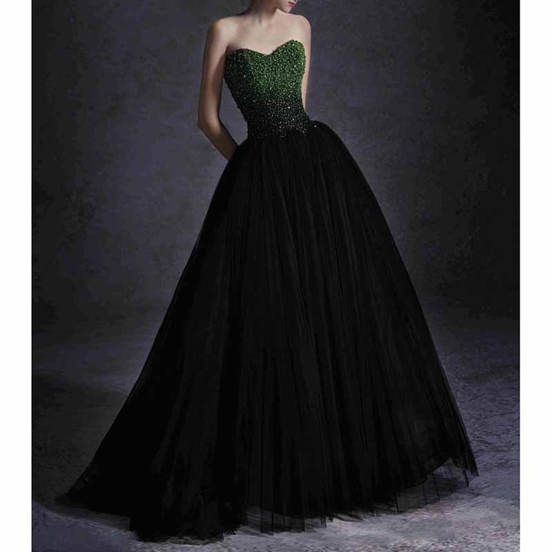 Emerald Green Beading Strapless Ball Gown Tulle Formal Prom Dresses