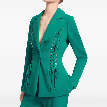 Emerald Green Lace-Up Blazer & Wide Leg Pants Suit Set for Women - V-Neck Slim Fit Office Business Casual Trouser Suit