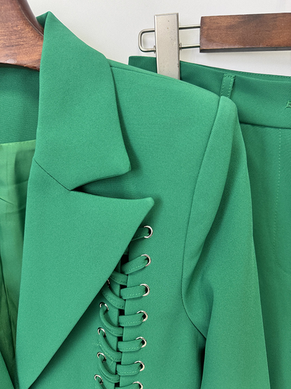 Emerald Green Lace-Up Blazer & Wide Leg Pants Suit Set for Women - V-Neck Slim Fit Office Business Casual Trouser Suit