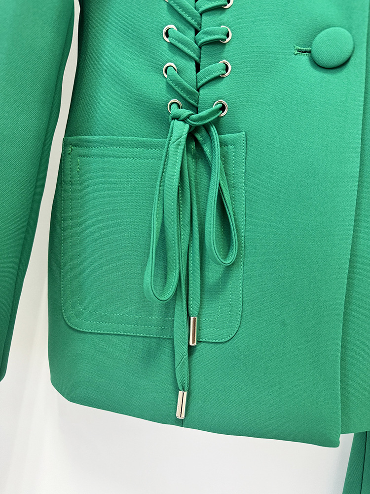 Emerald Green Lace-Up Blazer & Wide Leg Pants Suit Set for Women - V-Neck Slim Fit Office Business Casual Trouser Suit