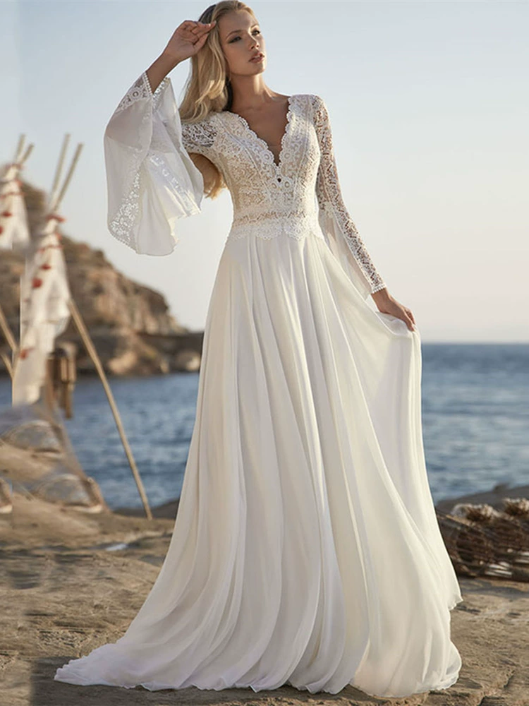 Ethereal Long-Sleeve Lace Wedding Dress with V-Neck & Flowing Tulle Skirt