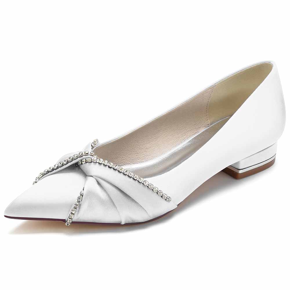 Women Wedding Flat Satin Bridal Shoes with Beaded Bow