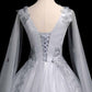 Fall/Winter Silver Prom Dress Long Sleeve Ball Gown Appliques Lace Formal Dresses