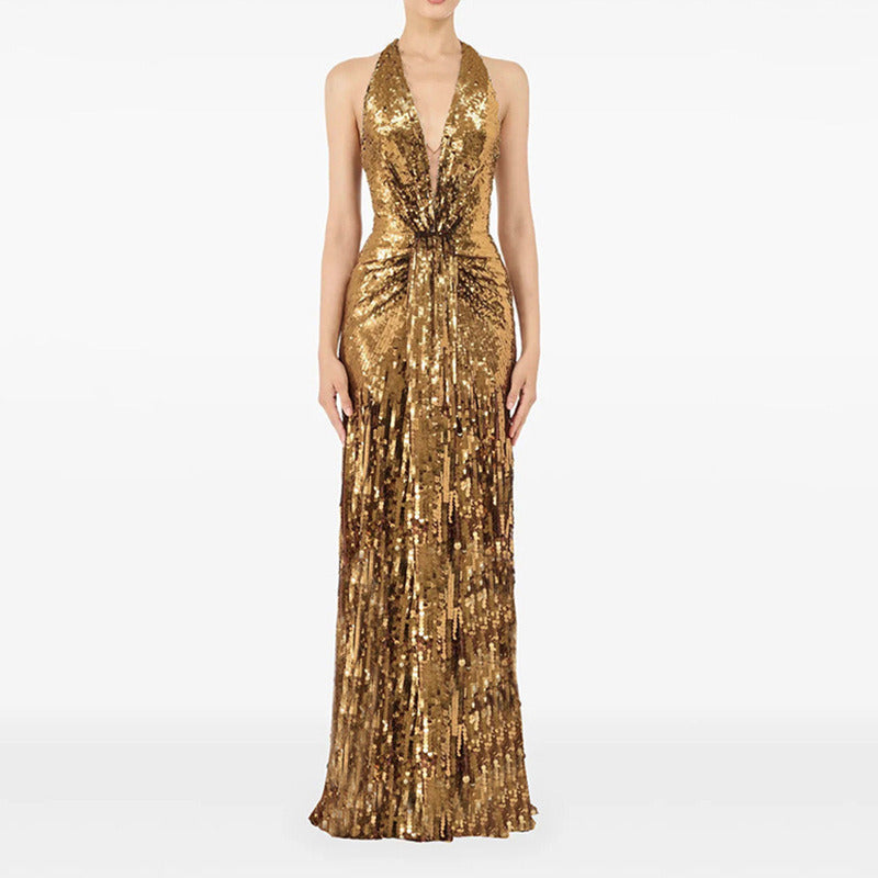 Gold halter v-neck sequin maxi dress for formal events