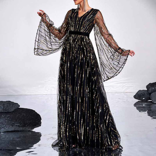 Flare Sleeve Black Sequin Long Evening Dress