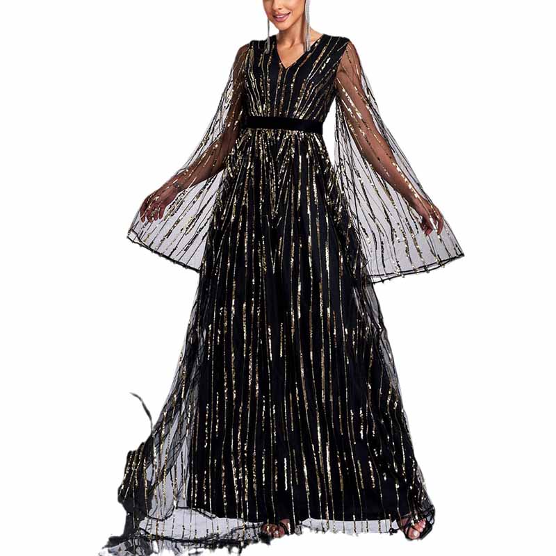 Flare Sleeve Black Sequin Long Evening Dress