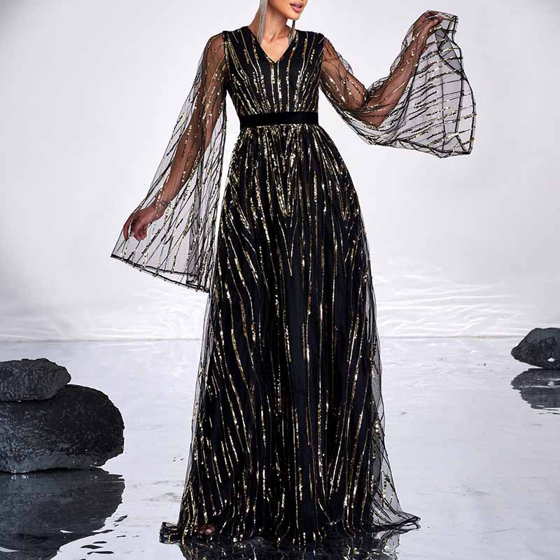 Flare Sleeve Black Sequin Long Evening Dress