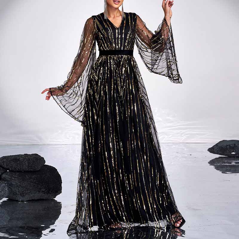 Flare Sleeve Black Sequin Long Evening Dress