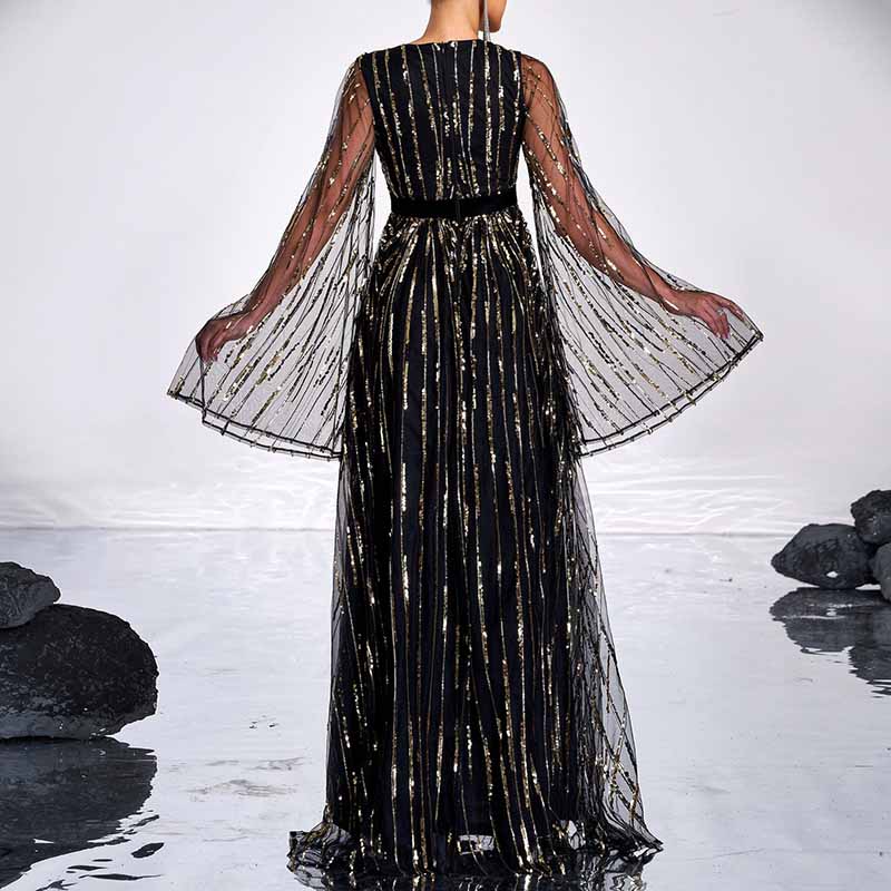 Flare Sleeve Black Sequin Long Evening Dress