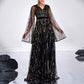 Flare Sleeve Black Sequin Long Evening Dress